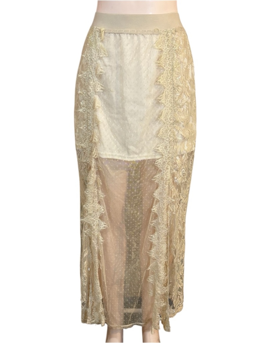 Sheer Floral Lacey Maxi Skirt Sz L Tan Slit Mesh Coquette Romantic Festival